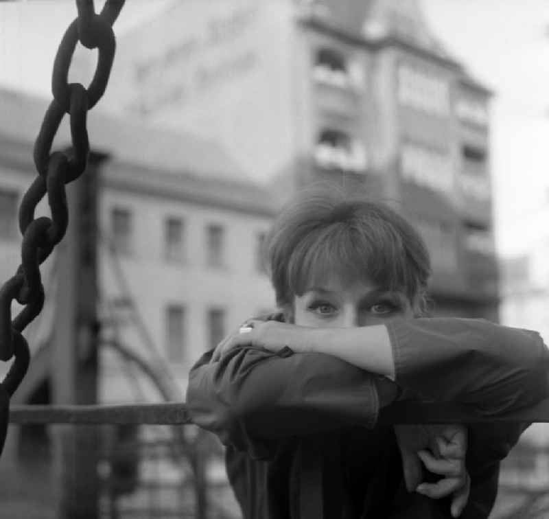 Portrait of Angelica Domroese at the Jungfern Bridge in Berlin, the former capital of the GDR, German Democratic Republic