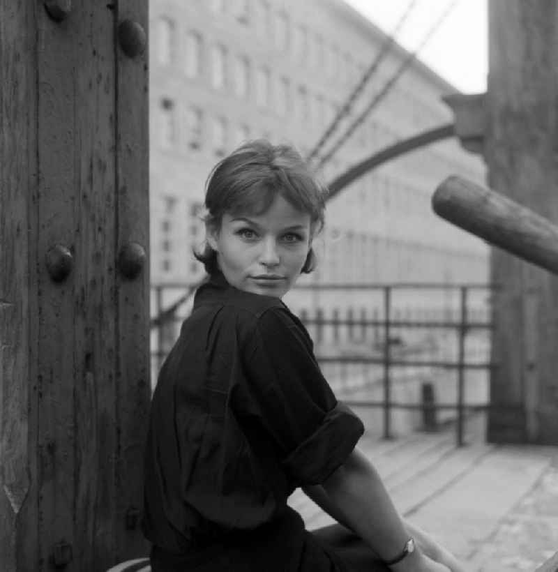 Portrait of Angelica Domroese at the Jungfern Bridge in Berlin, the former capital of the GDR, German Democratic Republic