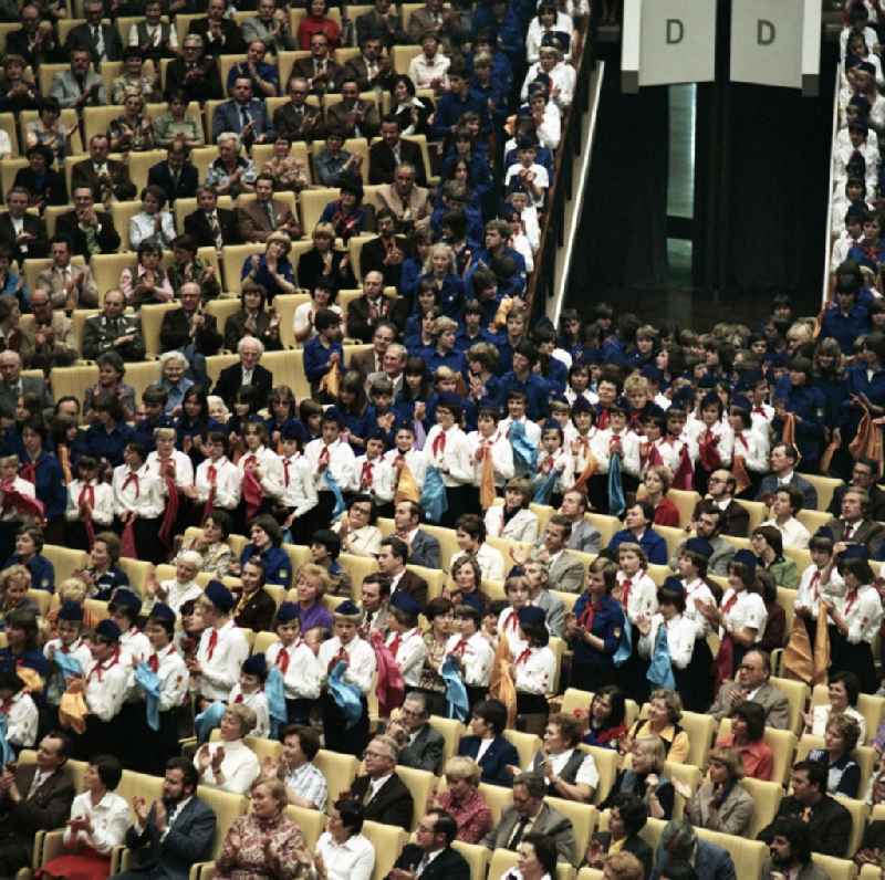 Participants of the event X. Parliament of the FDJ in the Great Hall of the Palace of the Republic in the district Mitte in Berlin, the former capital of the GDR, German Democratic Republic