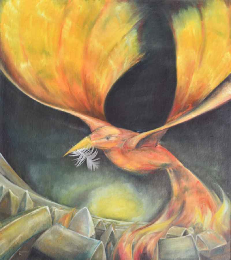 VG Image free work: Oil on canvas 'Firebird' with bird's feather by the artist Hubertus Gollnow
