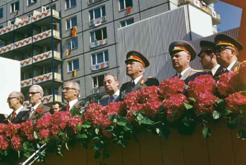 Officials on the tribune at Karl-Marx-Allee during the parade for 1 May, the struggle and holiday of the labourers in the district Mitte in Berlin, the former capital of the GDR, German Democratic Republic. Leading politicians and military officers of the GDR from left: Horst Sindermann, Willi Stoph, Erich Honecker, Harry Tisch, Heinz Hoffmann, Soviet general, Erich Mielke