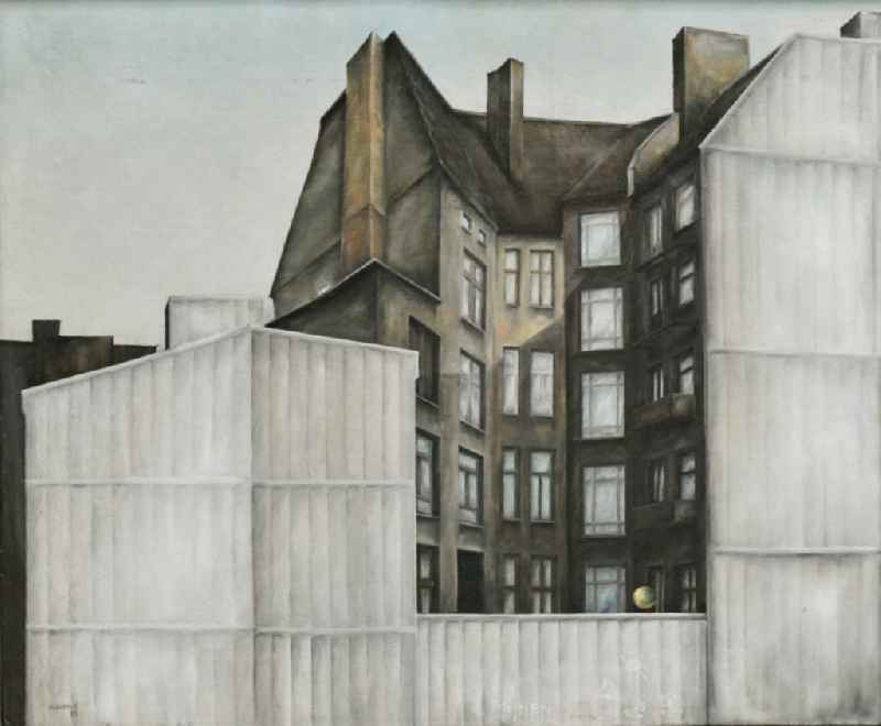 Oil on canvas ' Hinterhof Bersarinstrasse 93 ' by the artist Hubertus Gollnow in the district Mitte in Berlin Eastberlin, the former capital of the GDR, German Democratic Republic
