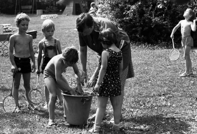 Children in the garden of the kindergarten in summer collecting leaves in a bucket together with the nursery nurse in Berlin Eastberlin on the territory of the former GDR, German Democratic Republic