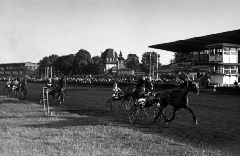 Trotters during a trotting race at the Karlshorst trotting track in the district Bezirk Lichtenberg in Berlin Eastberlin on the territory of the former GDR, German Democratic Republic
