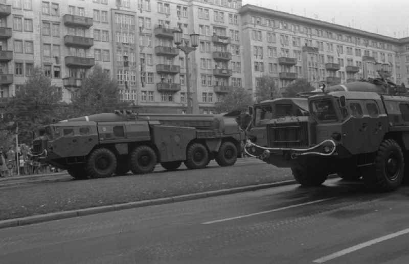 Parade ride of military and combat technology of the FLA rocket troops of the NVA National People's Army for the national holiday on Karl-Marx-Allee in the district of Friedrichshain in Berlin East Berlin on the territory of the former GDR, German Democratic Republic
