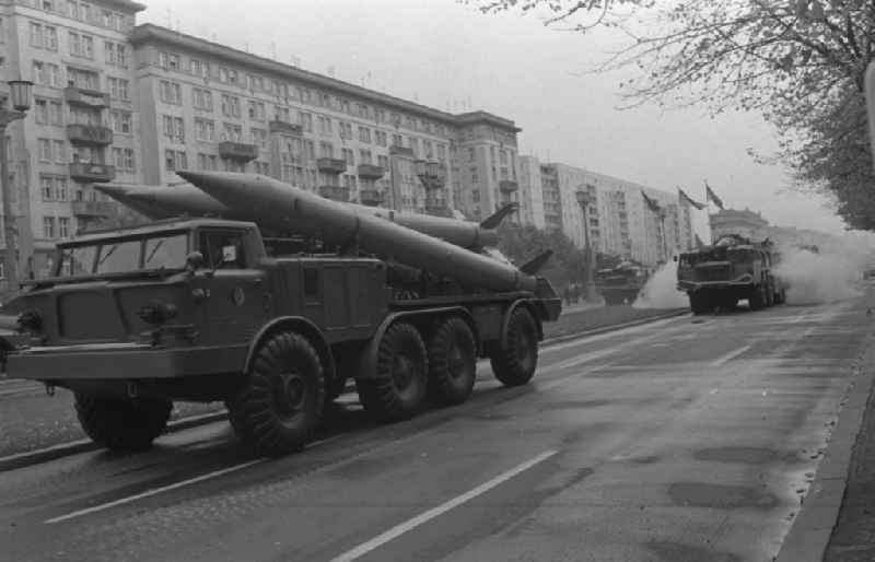 Parade ride of military and combat technology of the FLA rocket troops of the NVA National People's Army for the national holiday on Karl-Marx-Allee in the district of Friedrichshain in Berlin East Berlin on the territory of the former GDR, German Democratic Republic