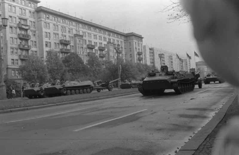 Parade ride of military and combat technology of the tank troops of the NVA National People's Army for the national holiday on Karl-Marx-Allee in the district of Friedrichshain in Berlin East Berlin on the territory of the former GDR, German Democratic Republic