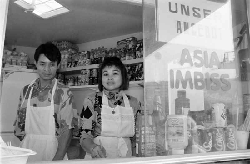 Kiosk of a snack supply vietnamese guest worker in the district Hohenschoenhausen in the district Hohenschoenhausen in Berlin Eastberlin on the territory of the former GDR, German Democratic Republic
