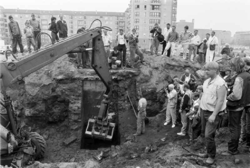 Civil engineering exposure of the fragments and remains of the concrete bunker systems 'Fuhrerbunker - Reichskanzlei' on Vossstrasse in the district of Mitte in Berlin East Berlin in the area of the former GDR, German Democratic Republic