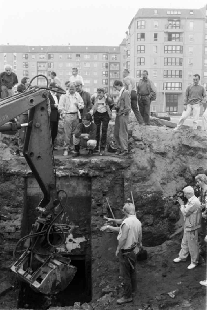 Civil engineering exposure of the fragments and remains of the concrete bunker systems 'Fuhrerbunker - Reichskanzlei' on Vossstrasse in the district of Mitte in Berlin East Berlin in the area of the former GDR, German Democratic Republic