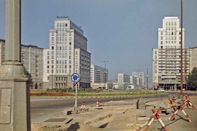 Street course of theKarl-Marx-Allee on street Strausberger Platz - Karl-Marx-Allee (Stalinallee) in the district Friedrichshain in Berlin Eastberlin on the territory of the former GDR, German Democratic Republic