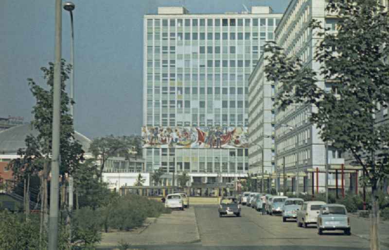Street view of a high-rise building front' Haus des Lehrers ' in the district Mitte in Berlin Eastberlin on the territory of the former GDR, German Democratic Republic