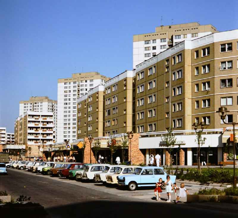 Cars such as Trabant, Lada and Wartburg parked on the roadside of the Marzahner Promenade in East Berlin on the territory of the former GDR, German Democratic Republic