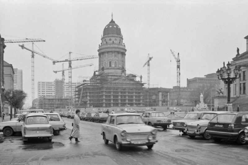 Reconstruction and restoration of the cathedral - facade and roof of the sacred building 'Deutscher Dom' on the street Gendarmenmarkt in Berlin East Berlin on the territory of the former GDR, German Democratic Republic