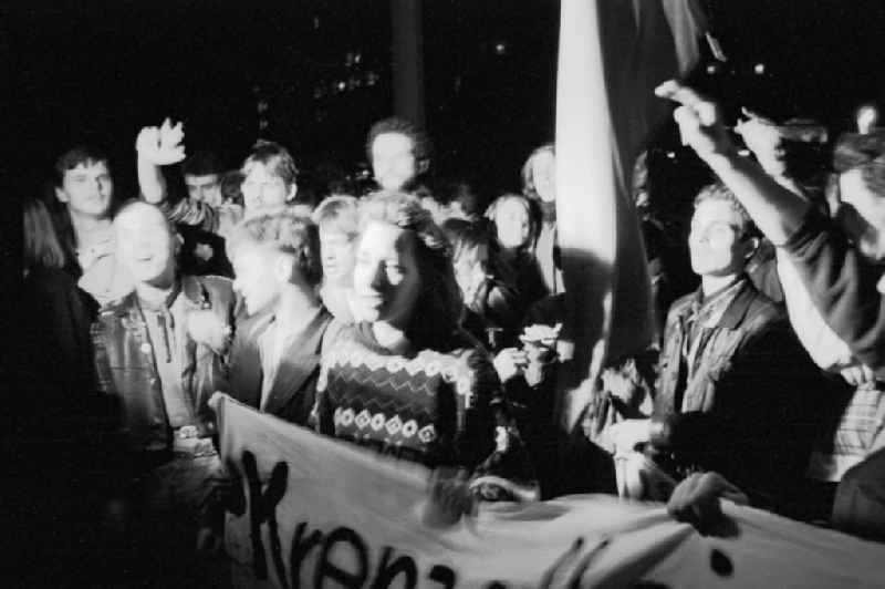 Demonstration and street protest action by opposition citizens is prevented from continuing their march on Karl-Liebknecht-Strasse by a police cordon of the Peoples Police - on the eve of the founding holiday in the Mitte district of Berlin East Berlin in the area of the former GDR, German Democratic Republic