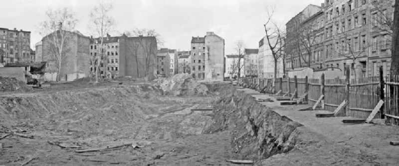 Empty area of the demolition wasteland for the creation of new housing on Kinzingstrasse at the corner of Scharnweberstrasse in the Friedrichshain district of Berlin East Berlin in the area of the former GDR, German Democratic Republic