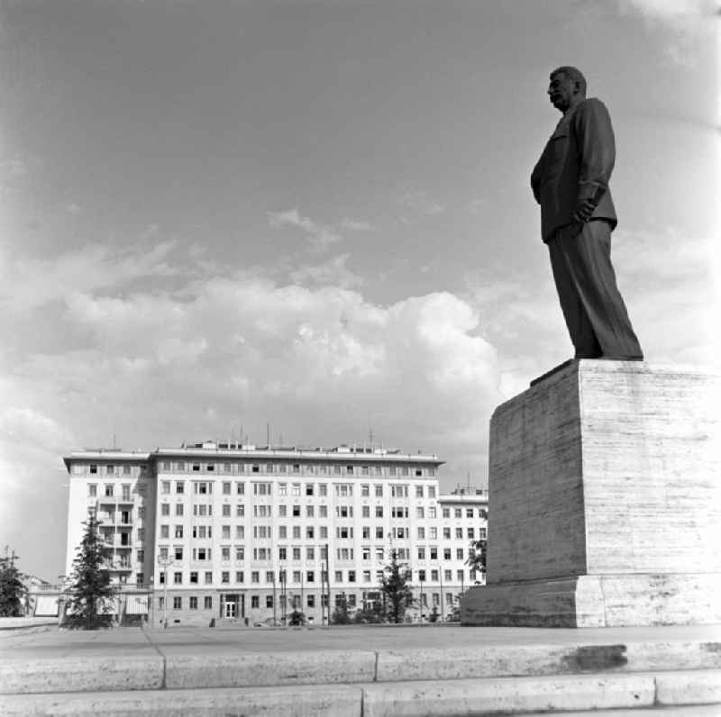 The bronze Stalin monument of the Soviet dictator Josef Stalin stood in the Stalinallee (now Karl-Marx-Allee) named after him between Andreasstrasse and Koppenstrasse opposite the German Sports Hall in the Friedrichshain district of East Berlin in the territory of the former GDR, German Democratic Republic