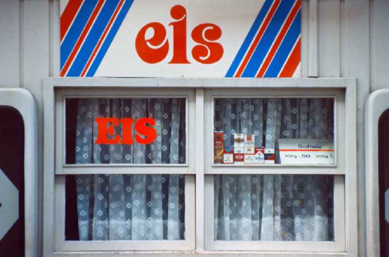 Window of an ice cream parlor in East Berlin on the territory of the former GDR, German Democratic Republic