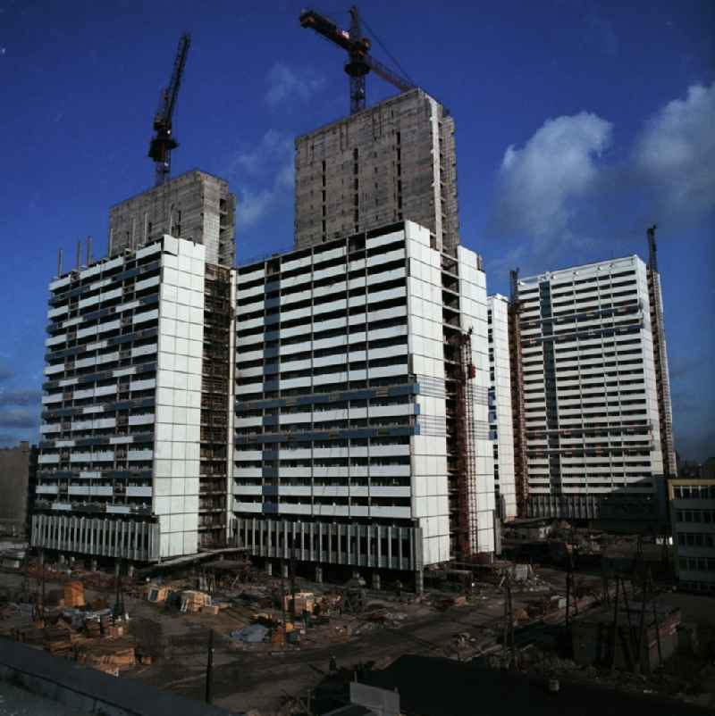 Construction site for the new building of the East German prefabricated high-rise buildings in the residential area at the Leipziger Strasse in the Mitte district in Berlin