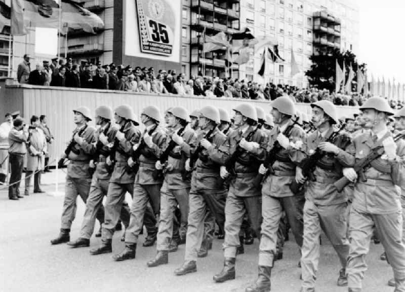 Parade of units of the East German combat forces of the working class at the tribune of the party and state leadership on Karl-Marx-Allee in Berlin - Mitte