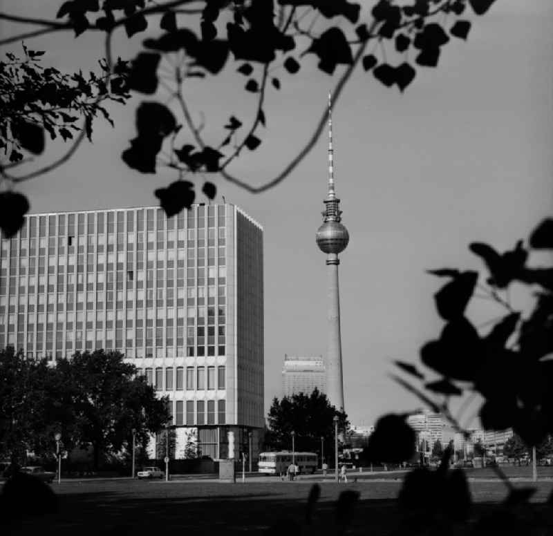View towards TV tower with the buildings of the Ministry of Foreign Affairs ( MFAA ) and the 'Hotel Stadt Berlin'