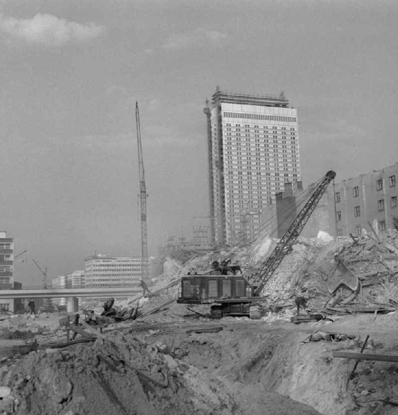 Extensive demolition of buildings at the Kaiser-Wilhelm-Straße today Karl-Liebknecht-Straße in Berlin - Mitte. In the background the newly built 'Hotel Stadt Berlin'