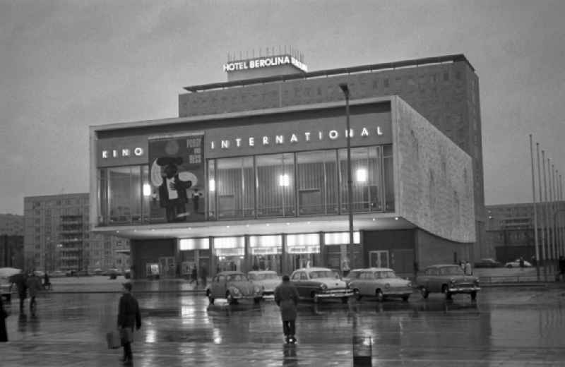 The cinema 'International' at the Karl-Marx-Allee in Berlin - Mitte. In the background is the Hotel Berolina. Here the western facade of the cinema with a concrete relief