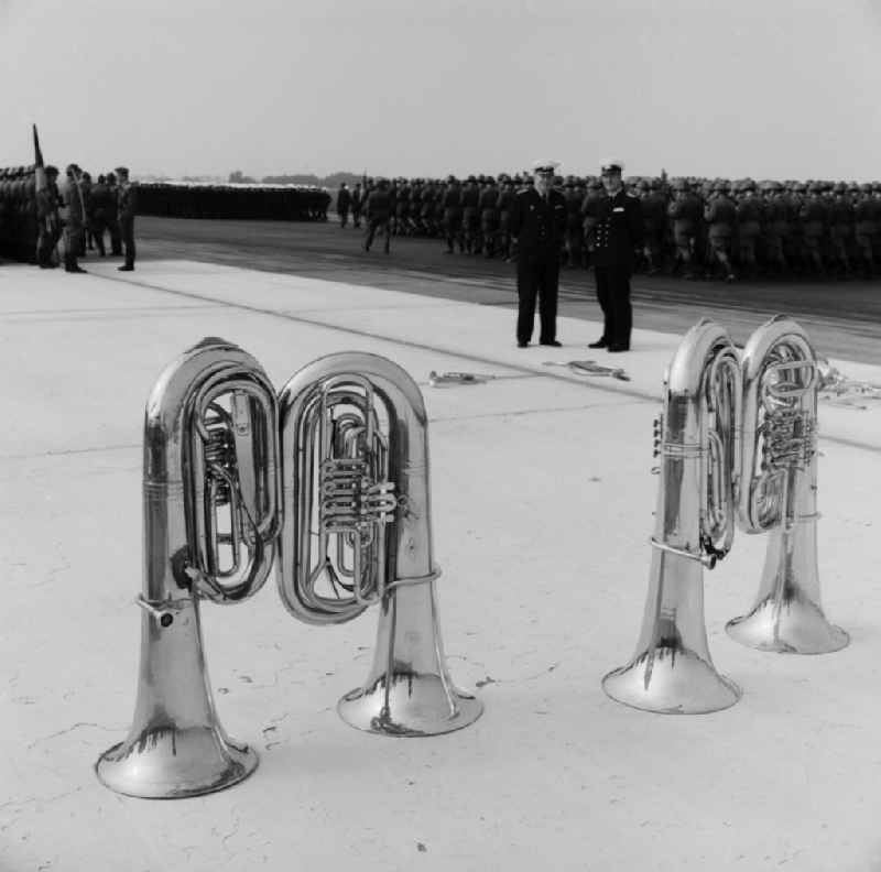 Preparations for Republic Day Parade on the grounds of the airport in Berlin - Schönefeld. Here the music corps of the NVA with their instruments