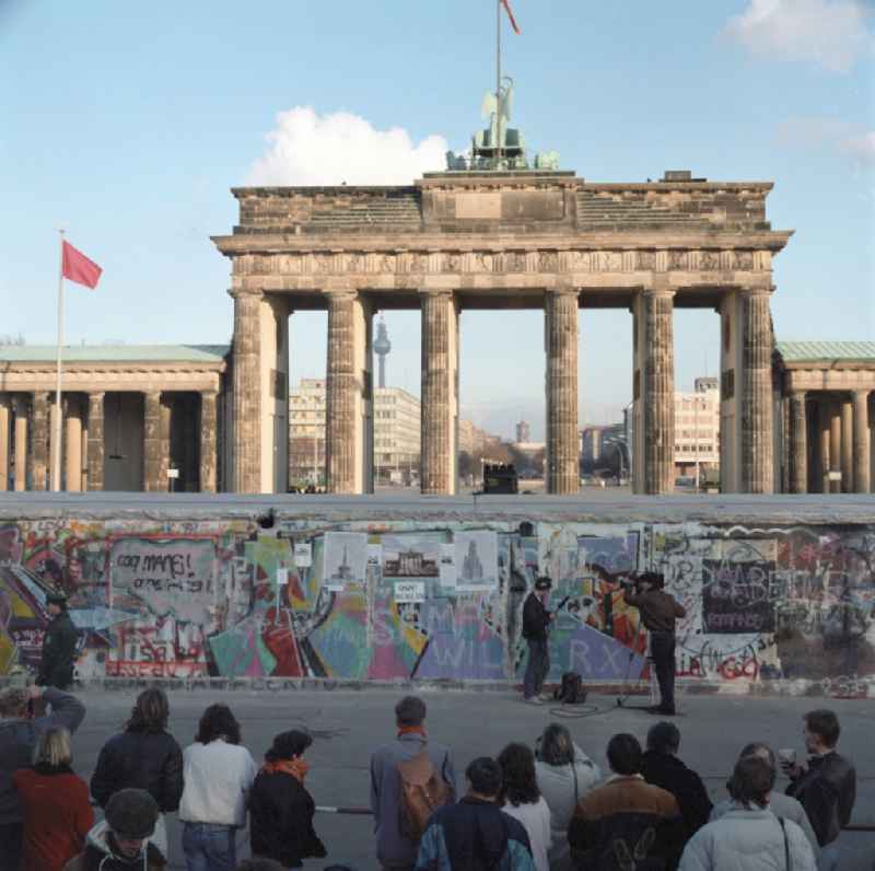 View of the still existing barrier of the Berlin Wall at the Brandenburg Gate from West Berlin to East Berlin. The wall is demolished, however, here only in June 199