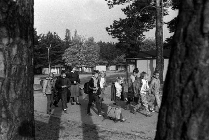 Kinder / Schüler und ihre Lehrerin gehen mit Schulranzen / Mappe / Ranzen durch das Ferienlagen / Pionierlager 'Friedrich Engels' in Bertingen (Kreis Tangermünde).