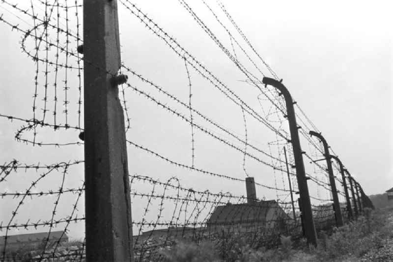 Hinter einem Stacheldrahtzaun ist das ehemalige Krematorium des KZ / Konzentrationslagers  Buchenwald zu sehen. Das ehemalige Konzentrationslager Buchenwald wurde 1958 als Nationale Mahn- und Gedenkstätte eingeweiht. Beste Bildqualität nach Vorlage!