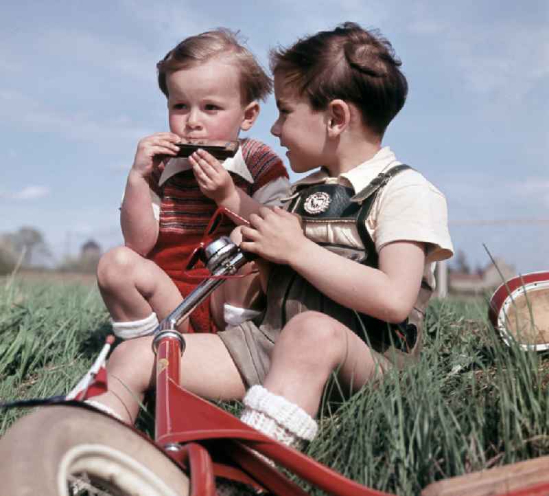 Two boys play with a harmonica and a scooter in Coswig, Saxony in the territory of the former GDR, German Democratic Republic