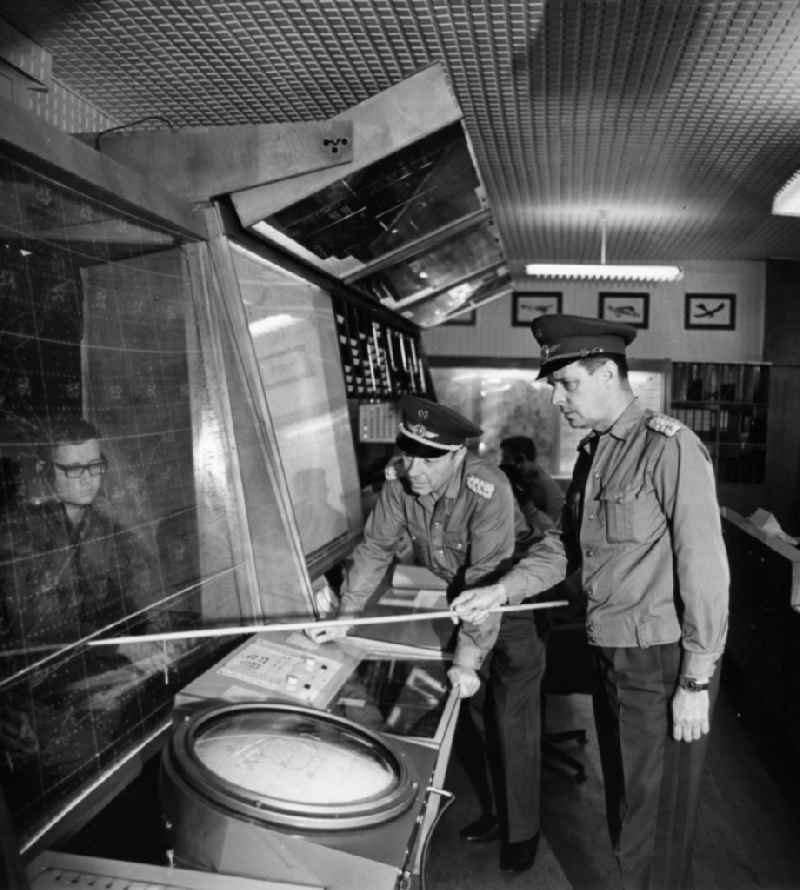 Lt. Gen. Herbert Scheibe and Maj. Gen. Wolfgang Reinhold (right) in training in the bunker systems of the ZUeF command post Central flight surveillance by the LSK Air Force / Air Defense of the NVA National People's Army in Cottbus in the state of Brandenburg in the area of the former GDR, German Democratic Republic