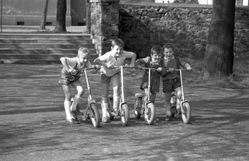 4 boys with their scooters in the city park Dessau in Saxony - Anhalt