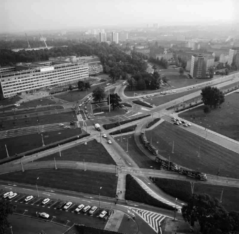 Aerial view over Georgsplatz between the St. Petersburg road and civil meadow in Dresden in Saxony