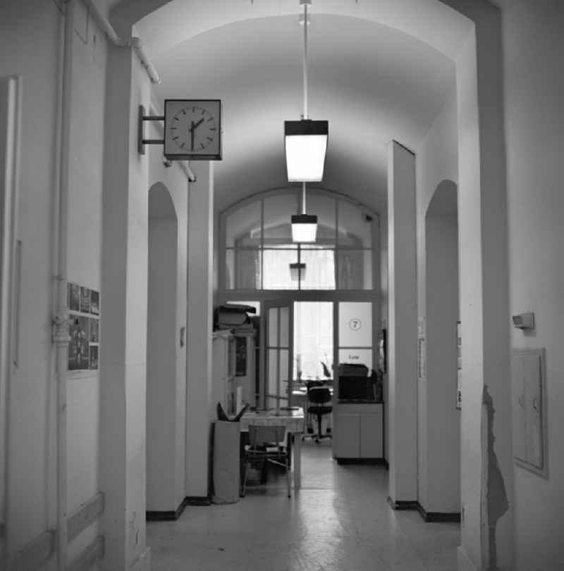 Hallway with sister pulpit on a station in the hospital Dresden-Friedrichstadt in Dresden in today's state of Saxony