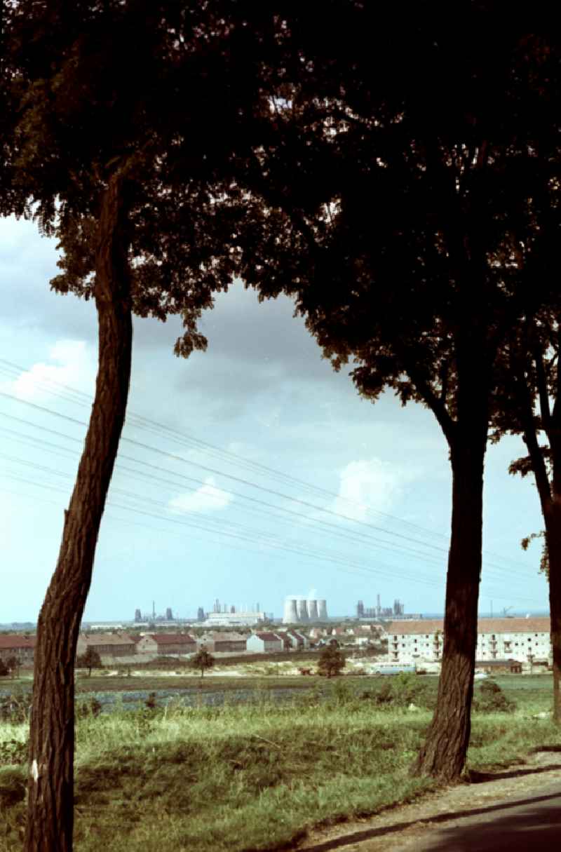 Course of the country road on the Wasserwerk street in Eisenhuettenstadt (Stalinstadt), Brandenburg in the territory of the former GDR, German Democratic Republic. In the background on the horizon is the ironworks combine 'J.W. Stalin' (Ironworks Combine East - EKO)