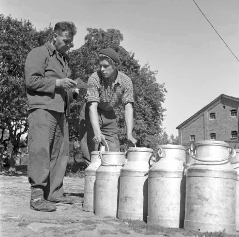 Delivery of everyday goods from drinking milk in milk cans made of aluminum from a truck Lorry on Dorfstrasse in Fienstedt, of Saxony-Anhalt in the area of ??the former GDR, German Democratic Republic