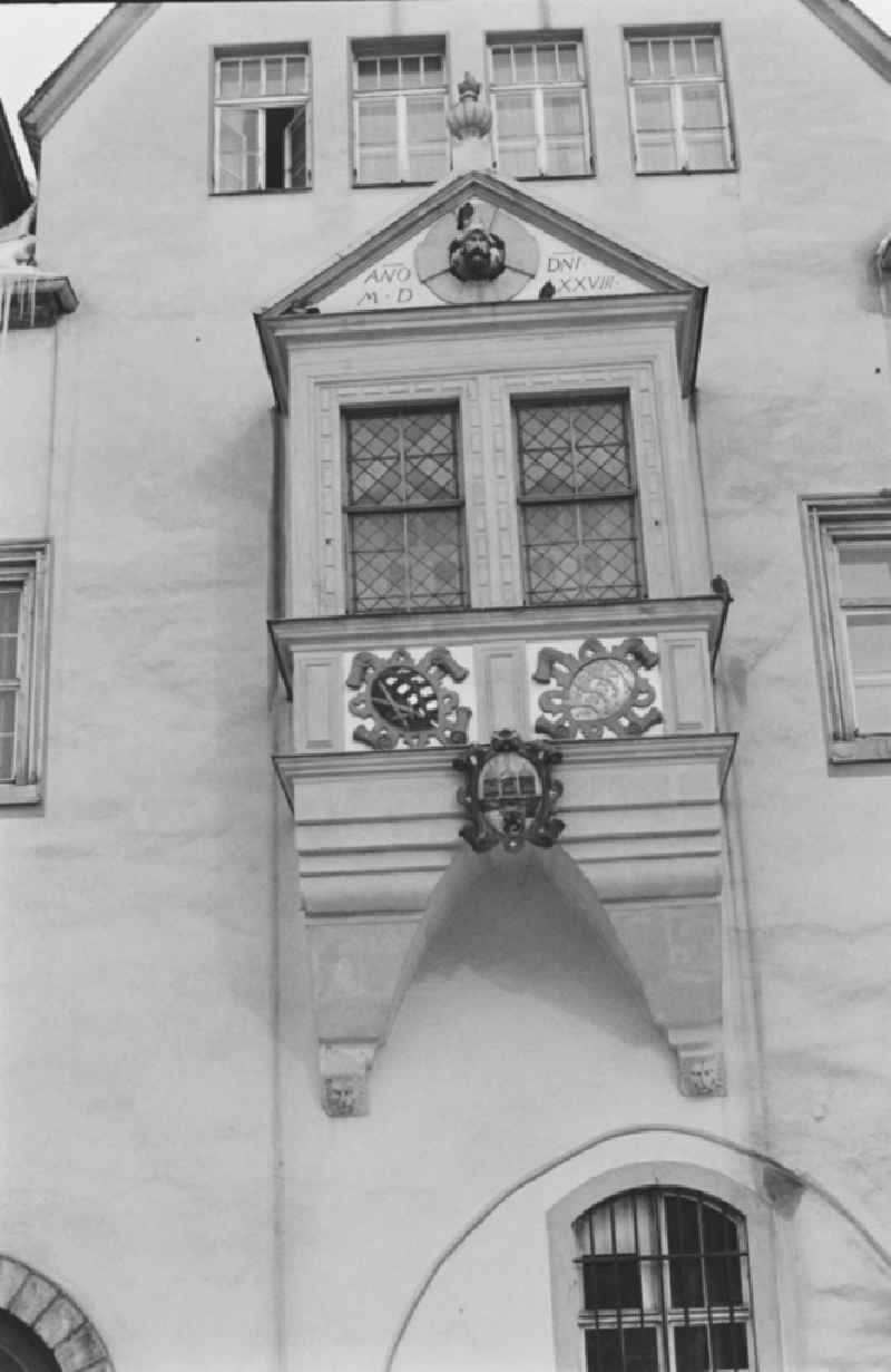 Facade elements of contemporary architecturevon historischen Gebaeuden im Stadtzentrum in the district Altstadt in Freiberg, Saxony on the territory of the former GDR, German Democratic Republic