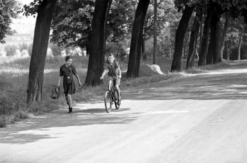 Zwei Mädchen gehen auf einer Landstraße in der Nähe von Freyburg.