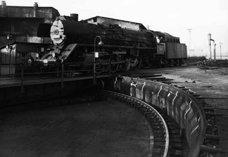 Locomotive of the series 41 1117-5 on the turntable of the locomotive shed in Halberstadt in the state Saxony-Anhalt on the territory of the former GDR, German Democratic Republic