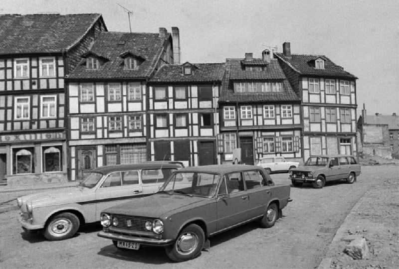Half-timbered facade and building front Bei den Spritzen in Halberstadt in the state Saxony-Anhalt on the territory of the former GDR, German Democratic Republic
