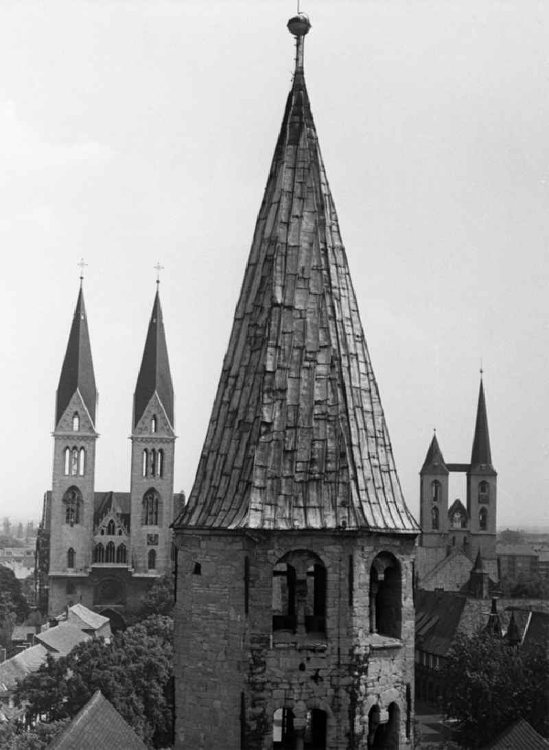 Bell tower of the sacred building of the church Liebfrauenkirche, Martinikirche und Dom in Halberstadt in the state Saxony-Anhalt on the territory of the former GDR, German Democratic Republic