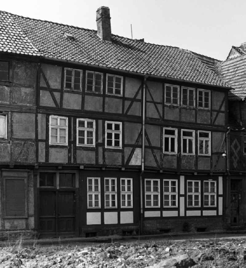 Rubble and ruins Rest of the facade and roof structure of the half-timbered house Bakenstrasse - Grauer Hof in Halberstadt in the state Saxony-Anhalt on the territory of the former GDR, German Democratic Republic