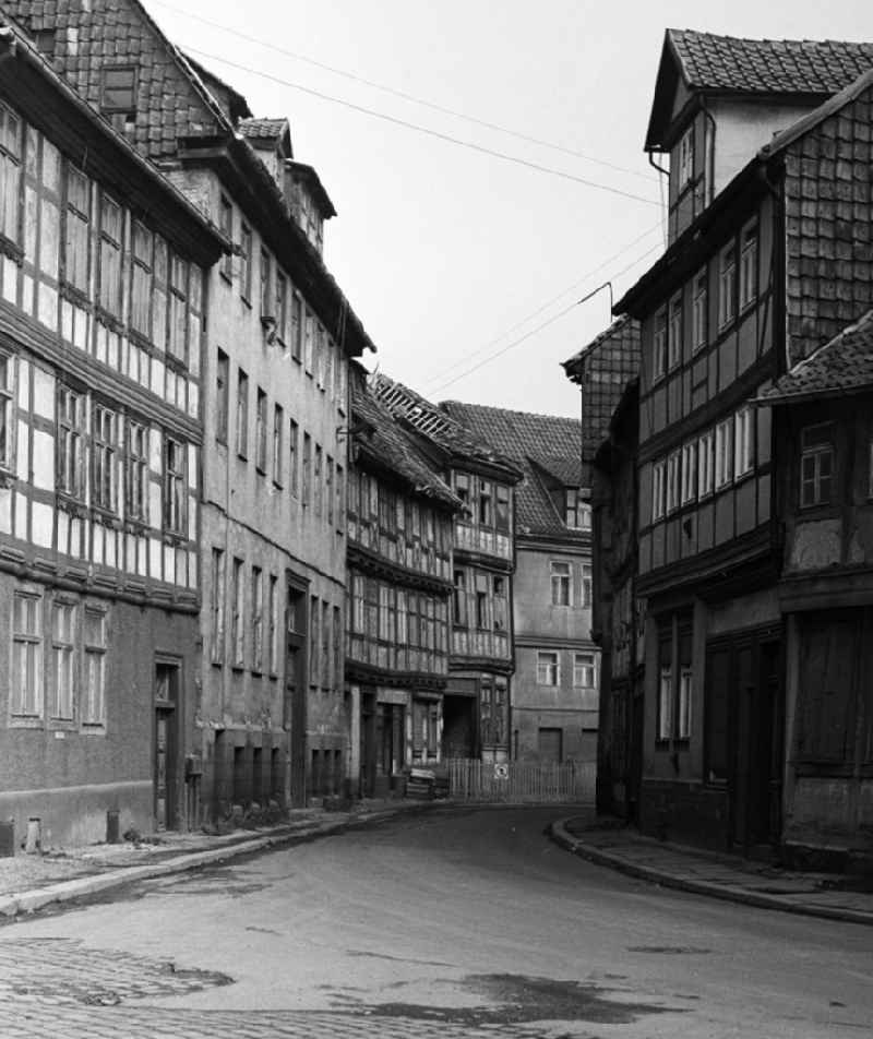 Half-timbered facade and building front on Bakenstrasse in Halberstadt in the state Saxony-Anhalt on the territory of the former GDR, German Democratic Republic