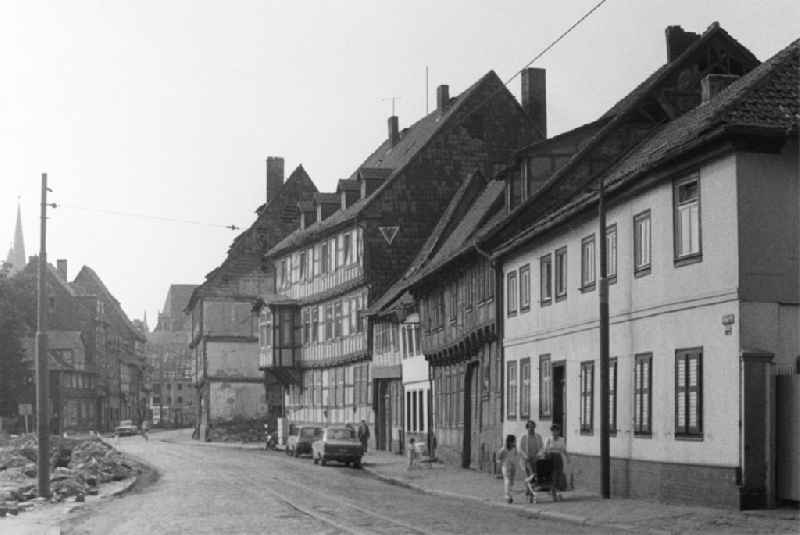 Half-timbered facade and building front an der Groeperstrasse in Halberstadt in the state Saxony-Anhalt on the territory of the former GDR, German Democratic Republic