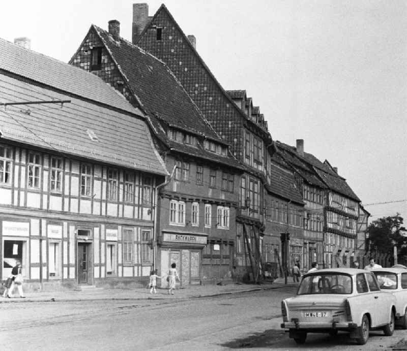 Half-timbered facades and building front entlang der Groeperstrasse in Halberstadt in the state Saxony-Anhalt on the territory of the former GDR, German Democratic Republic