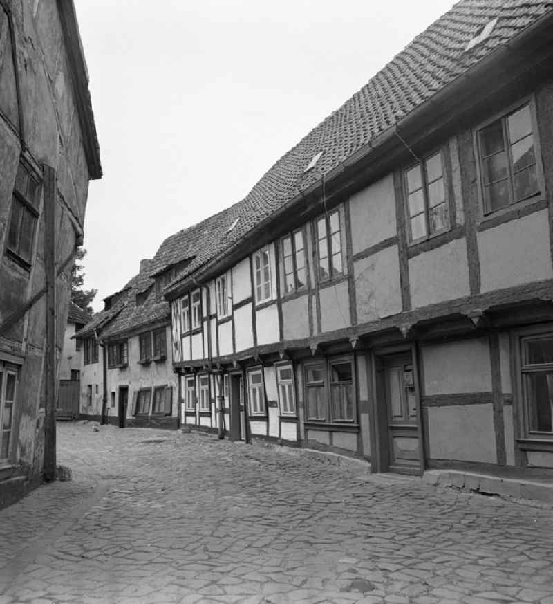 Half-timbered facade and building front ' Grauer Hof ' in Halberstadt in the state Saxony-Anhalt on the territory of the former GDR, German Democratic Republic