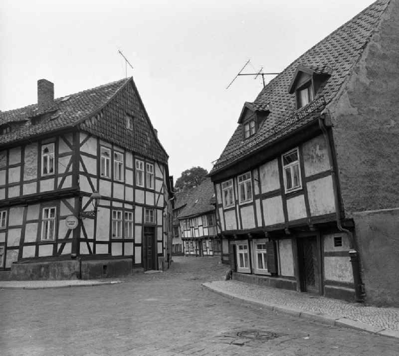 Half-timbered facade and building front ' Grauer Hof ' in Halberstadt in the state Saxony-Anhalt on the territory of the former GDR, German Democratic Republic