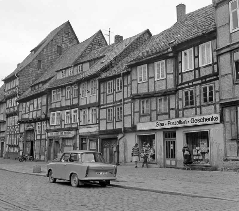 Half-timbered facade and building front on Groeperstrasse in Halberstadt in the state Saxony-Anhalt on the territory of the former GDR, German Democratic Republic
